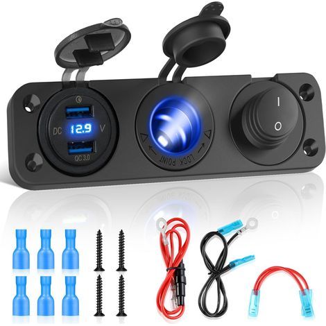 Panneau d'interrupteur de chargeur de voiture, 12V-24 ports USB doubles QC3.0 + port PD + interrupteur d'allumage / désactivation du panneau basculeur (B) (1/5)
