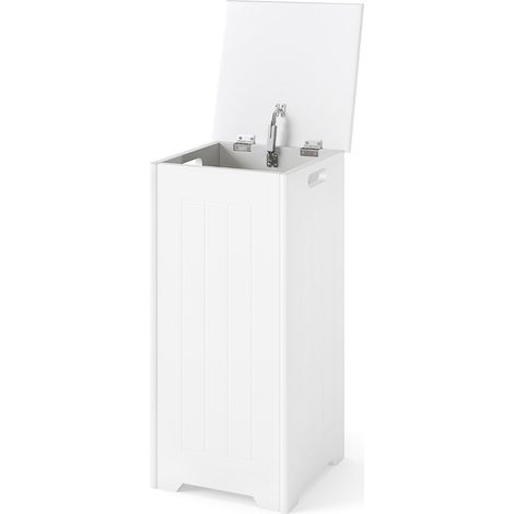 Panier à linge 30 x 30 x 61 cm couvercle métallique poignées pratiques style moderne en MDF blanc