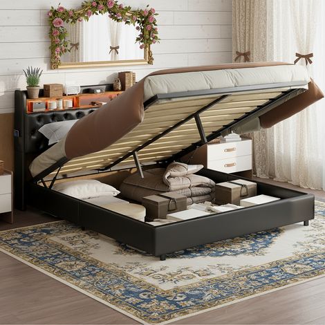 Stauraumbett 180 × 200 cm, hydraulisches Polsterbett mit integrierter Ladestation und LED-Beleuchtung am Kopfteil, Lattenrost, Schwarz (1/5)