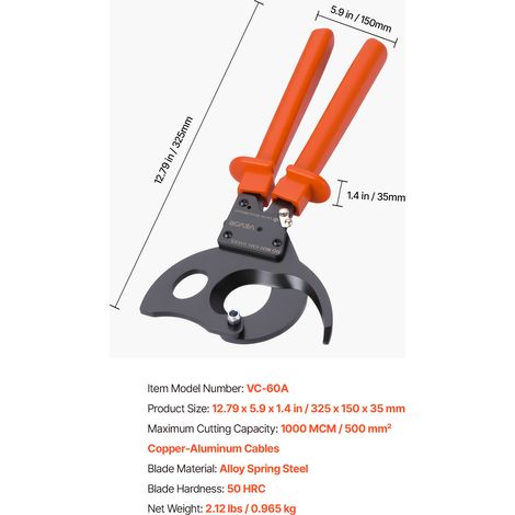 VEVOR Ratcheting Cable Cutter, Spring Steel Blades with PVC-Coated Handles, Quick-Release Button, Heavy Duty Ratchet Cable Wire Cutter for Cutting Copper & Aluminum Cables Up to 1000 MCM / 500 mm² (1/4)