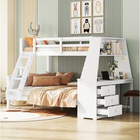 Letto a castello 90x200/140x200 cm in legno bianco salvaspazio per bambini- FLORAGRACE (1/5)