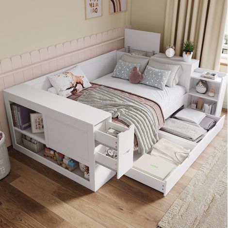 Cama infantil 140x200 cm de MDF blanco con almacenaje, sin colchón – MEUBLIV (1/5)