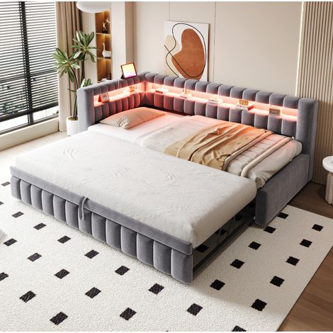 Sofá cama extraíble 90x200 cm gris en terciopelo con LED, puertos USB y Type-C (1/5)