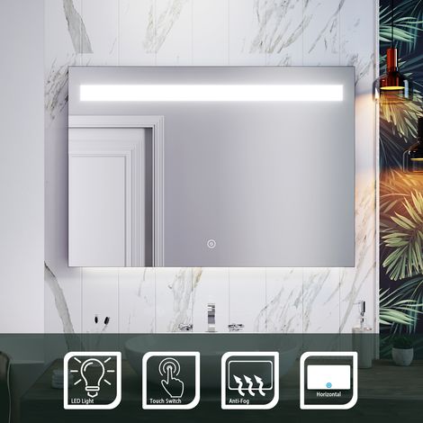 Sirhona – Miroir lumineux de salle de bain 100x70cm – Anti-buée – Éclairage LED blanc froid – Interrupteur tactile carré (1/5)