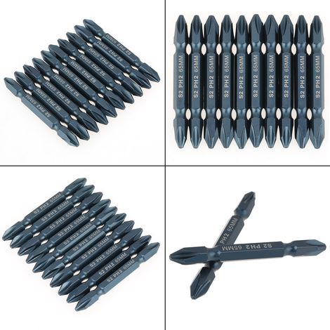 Set de 10 embouts de tournevis cruciformes PH2, double tête, queue 1/4 pouce, longueur 65mm, en acier allié S2, diamètre 6,3mm, pour vis à tête cruciforme, usage professionnel. (1/5)