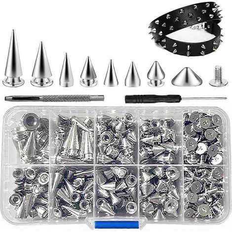 Kit de 354 pièces de clous et pointes punk - 8 tailles de pointes coniques, pointes métalliques pour la maroquinerie et la création de vêtements punk. (1/5)