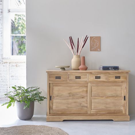 Berah Getah – Buffet en teck massif 150 cm – 4 tiroirs et 2 portes coulissantes – Bois brut de qualité premium – Hauteur 90 cm, profondeur 50 cm