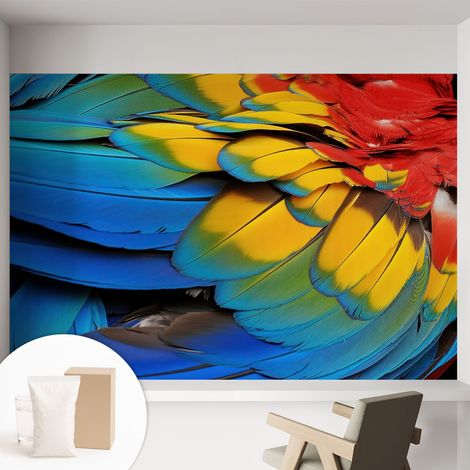 Papier peint intissé mural avec imprimé motifs uniques apparence moderne - Colle incluse gratuite Plumes arc-en-ciel 152x104 cm (1/5)