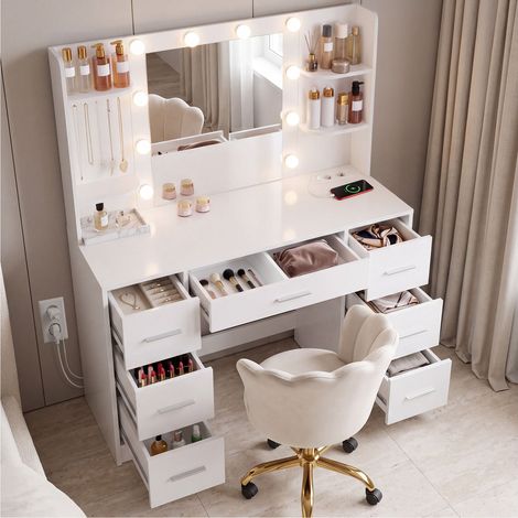 Coiffeuse, miroir led, station de recharge, 7 tiroirs, blanc (1/5)