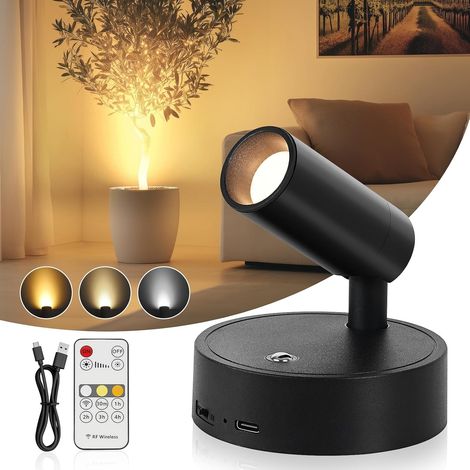Spots LED Rechargeable Sans Fil Intérieur, Noir Applique Murale USB avec Télécommande, 3 Couleurs, Spots LED Muraux Sans Fil pour Éclairage de Tableaux Plantes et Chambre (1/5)