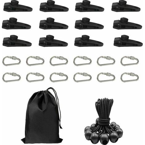 Lot de 12 clips pour bâche, tente, bâche, 12 tendeurs en caoutchouc, corde élastique et 12 mousquetons en forme de D pour bâches, marquises, camping en plein air, caravanes, auvents (1/5)