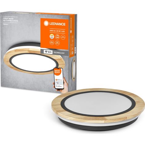 Plafonnier Wifi Wood, 24W, 2950lm, 400mm, lumière blanche réglable (2700K-6500K), dimmable, bois certifié, contrôlable par application, compatible avec Amazon, Google, etc. (1/5)