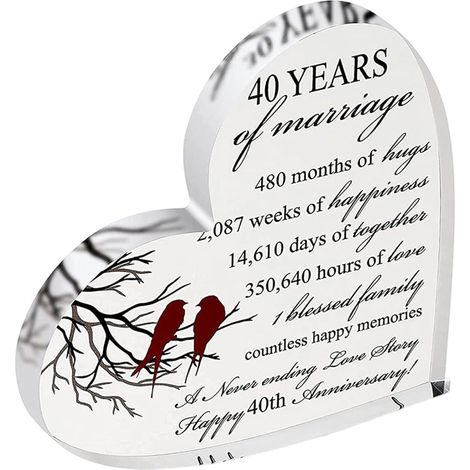 1 Plaque commémorative, acrylique, forme cœur, 10 cm x 10 cm, décoration, 40e anniversaire de mariage (1/5)