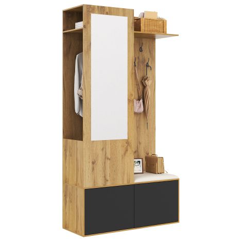 L'ensemble vestiaire comprend 5 patères, un miroir, un meuble à chaussures, une étagère supérieure avec un espace penderie dissimulé et un banc d'entrée.