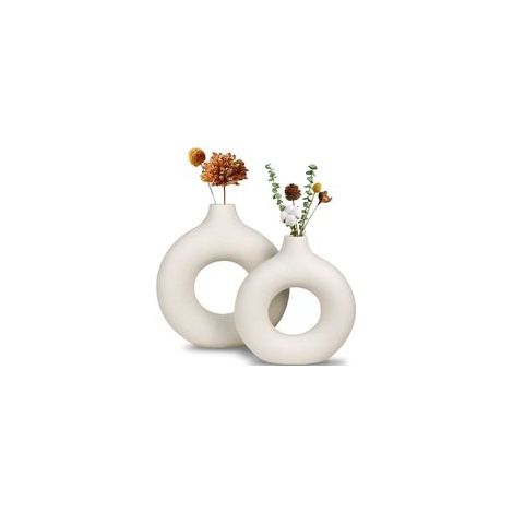 Vase en céramique blanche, vase moderne pour décoration minimaliste, vases à fleurs de pampa ronds creux mats pour maison bohème, fête de mariage, salle de dîner, décoration d'étagère (2 pièces) (1/4)