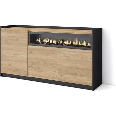 Skraut Home - Aparadores para salón, 156x37x80cm, 3 Puertas, Chimenea eléctrica, Roble y negro (1/5)