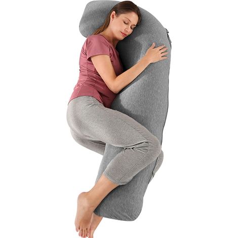 Coussin de Grossesse pour Dormir, Oreiller de Grossesse pour Femme Enceinte en Forme de J Support Coussin d'allaitement et Coussin de Maternité avec Housse Lavable et Remplable, Coton Gris Foncé (1/5)