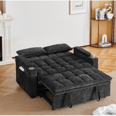 Canapé-lit convertible 3 en 1 142 cm noir en tissu, avec position relax, rangements accoudoirs, poches latérales, 2 porte-gobelets et coussins lombaires – CHICFURN (1/5)