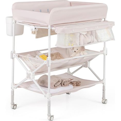 COSTWAY Table à Langer Pliante pour Bébé, Table à Langer Portable avec Roulettes Étagères Poubelle, Station Imperméable, Hauteur Réglable, Organiseur Mobile pour Nouveau-nés, Charge 11 kg (Beige)