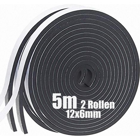 Joint Isolant pour Portes Fenêtres, Joint Adhésif en Mousse Caoutchouc, 12mm de Large x 6mm d'Épaisseurs x 5m de Long,2 rouleaux, Isolation Phonique et Thermique, Anti-Collision, Noir (1/5)