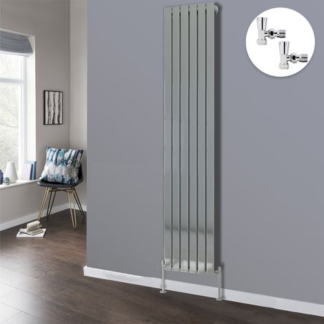 Chrome Flat Panel Radiator Bathroom Central Heating Radiators with Angled Manual Pair of Valves 1800 x 408mm  Vertical Single (1/3)