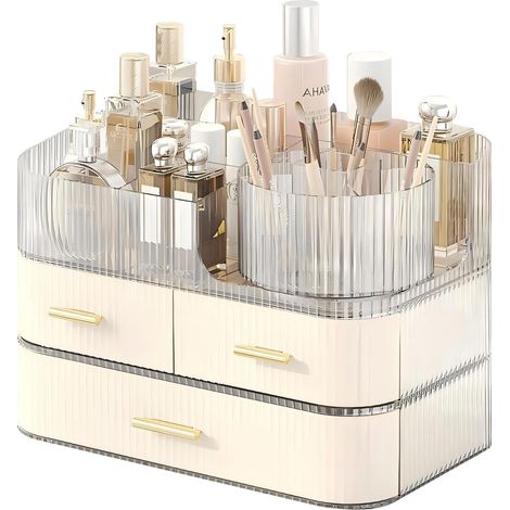Organisateur de maquillage avec tiroirs et support rotatif de pinceaux de maquillage–Organisateur de cosmétiques empilable pour comptoir (1/5)