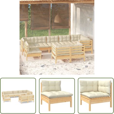 The Living Store 9-tlg. Garten-Lounge-Set mit Creme Kissen Massivholz Kiefer - Garten Lounge Set - Esszimmergarnitur - Outdoor Möbel - Gartenmöbel - Rattan Gartenmöbel (1/5)