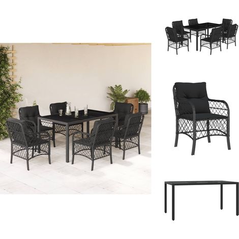 7-tlg. Garten-Essgruppe mit Kissen Schwarz Poly Rattan - Gartentisch - Gartenstuhl - Gartenmöbelset - Esstisch - Outdoor Möbel (1/5)