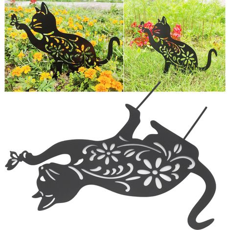 Statue de Chat Noir en Métal - Modèle Silhouette de Chat Creux et Design Vif - 29.5x27cm pour Décor Jardin et Terrain (1/5)
