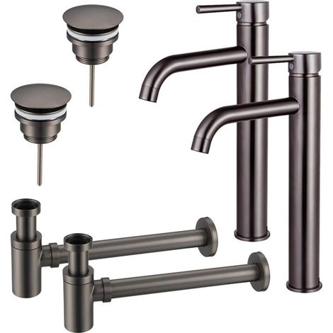 FugaFlow Eccelente Sobrado Kit robinet lavabo - pour double vasque - robinet rehaussé - bonde non-obturable - siphon design bas - Gunmetal PVD (1/4)