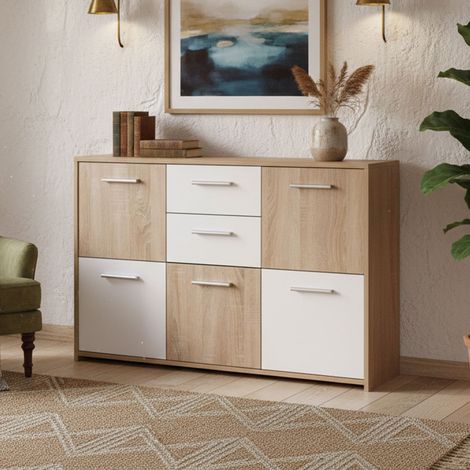 Dmora Aparador con cinco puertas y dos cajones en la parte central, color blanco y roble, Medidas 115 x 77 x 30 cm, con embalaje reforzado (1/5)