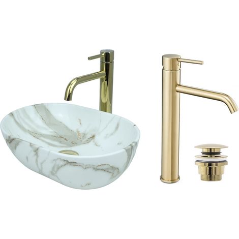 GTM Design Aufsatzwaschbecken 38 cm Glanz Set mit Waschtischbatterie und Stopfen - Aufsatzwaschbecken Oval für Badezimmer - Modernes Waschbecken ohne Hahnloch - Waschbecken mit Armature (1/5)