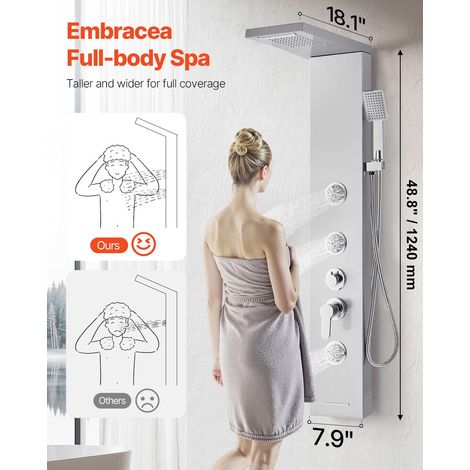 Colonne de douche avec pommeau de douche effet pluie, système de panneau de douchette mural en acier inox brossé, robinet 5 fonctions, avec 3 jets corporels, douchette à main et bec de baignoire (1/5)