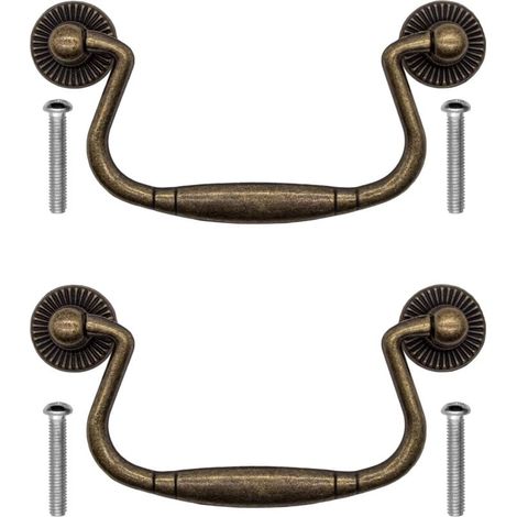 Paquete de 2 tiradores antiguos de 100 x 50 mm, de hierro y bronce, para puertas de armarios, cómodas, cocinas, aparadores, etc., estilo rústico retro vintage. (1/4)