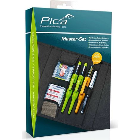 Master Set de marquage pour menuisier – 2x stylo automatique Pica-Dry® Longlife – 1x jeu de recharges – 1x marqueur à trou de serrure noir – Pica Marker