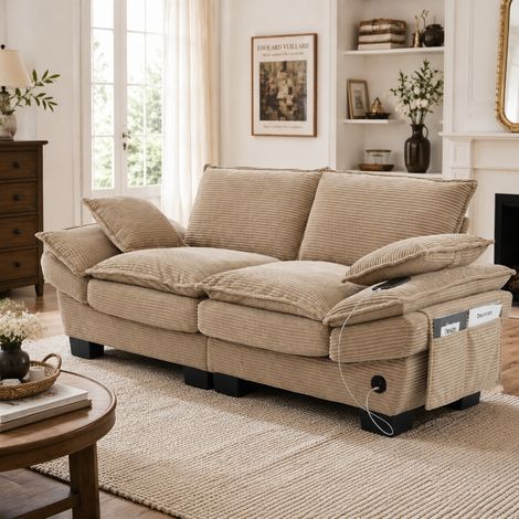 Modulares Cordsofa 2-Sitzer mit USB-C Anschluss und Seitentaschen, ergonomische Couch für Wohnzimmer und Büro, 190x73x84 cm, Khaki (1/5)