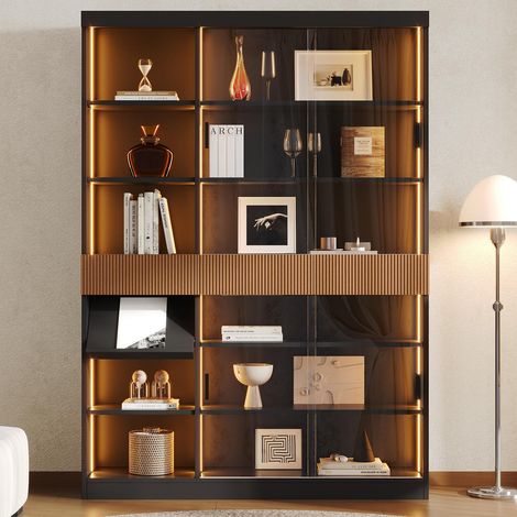Vitrina - 120 x 28,5 x 180 cm - iluminación led puertas correderas de cristal templado 3 cajones estante abatible - estilo moderno - MDF cristal - negro marrón (1/5)