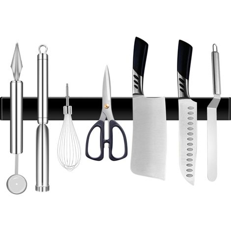 Barre Magnetique - Acier Inoxydable - 30 cm - Auto-adhesif - Pour Couteaux Et Ustensiles De Cuisine - Noir