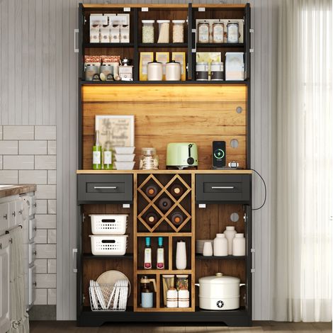 Hoher Küchenbuffet-Schrank 105 x 40 x 180 cm aus schwarzem MDF und Holzoptik HAVRYA (1/5)