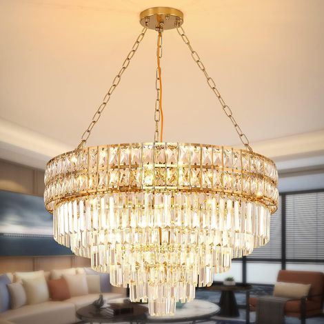 Lustre Moderne en Cristal Luminaire Finition or, Lampe Pendante Ronde en Cristal, Pour Salon, Salle À Manger, Restaurant, E14 X 15, Ø75cm (1/5)