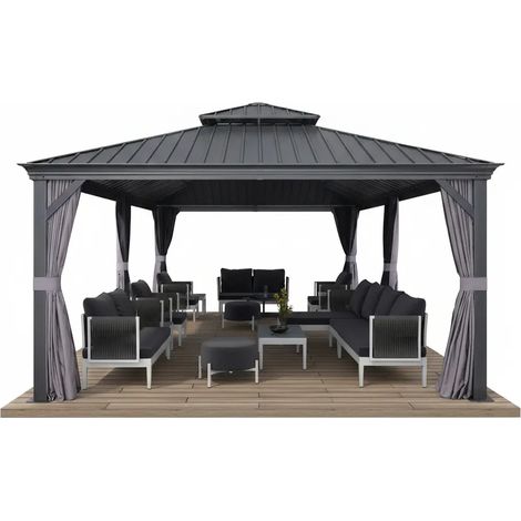 PURPLE LEAF 7,32 x 3,65 m tonnelle de jardin, pergola aluminium extérieure avec moustiquaire et rideaux, hardtop pavillon double toit en acier galvanisé, gris (1/5)