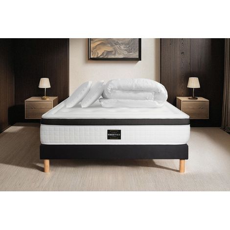 Ensemble matelas sommier Privilège 140 x 190 cm - Couleur : Noir avec 2 oreillers et couette (1/5)