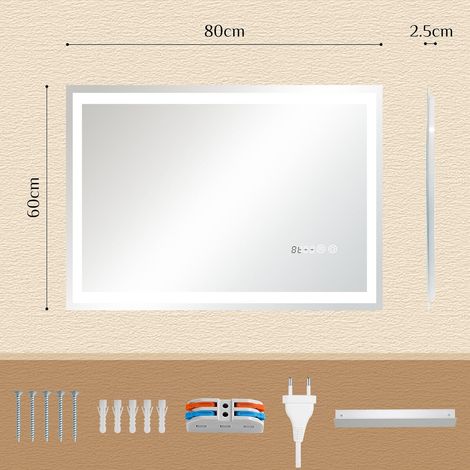 Rechteckiger LED-Badezimmerspiegel mit Beleuchtung und Uhr, gehärtetes Glas, Berührungsschalter, 3 Lichtfarben - (80x60cm) (1/5)