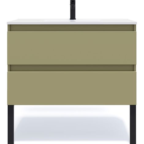Meuble de salle de bain suspendu vasque intégrée 90cm 2 tiroirs Vert olive - Hudson (1/5)