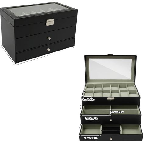 Boîte de rangement pour bijoux, 2 tiroirs, protection contre la poussière transparente, noir (1/2)