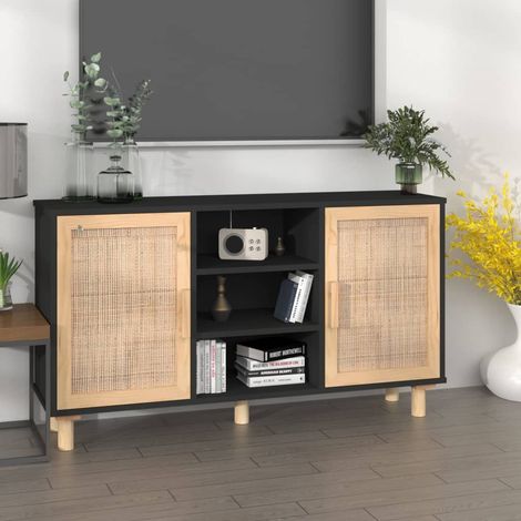 Buffet-Meuble de rangement Noir 105x30x60 cm Bois de pin massif et rotin naturel 540674 (1/5)