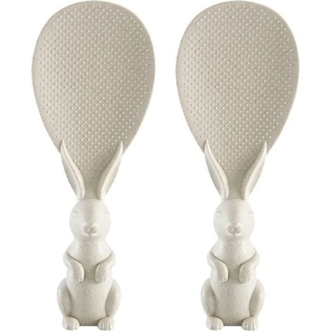 Lot de 2 cuillères à riz en paille de blé en forme de lapin - Beige (1/5)