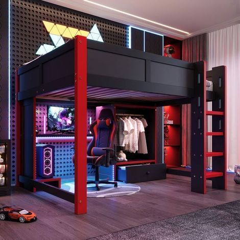 Lit Mezzanine - SOGEU - 140x200cm - Bureau gaming intégré - Armoire & tiroirs - LED RGB APP (1/5)