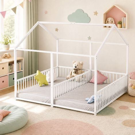 Lit superposé enfant 90x200 cm blanc en métal avec forme maison, garde-corps et échelle (1/5)