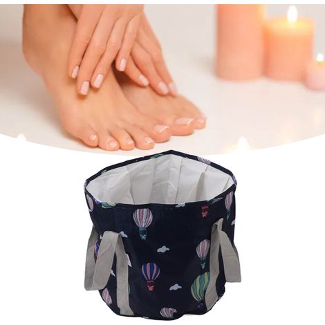 Sac/bain de pieds portable et isotherme de voyage pour le visage et les pieds, sac/bassin de bain de pieds pliable de voyage, récipient d'eau portatif, ballon bleu marine. (1/5)